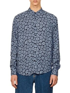 Sandro Blue Floral-Print Long-Sleeves Button-Down Shirt XL